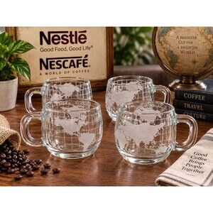 Vintage Nestle Nescafe World Map 8 oz Glass Coffee Mugs Set of 4 Frosted Globe